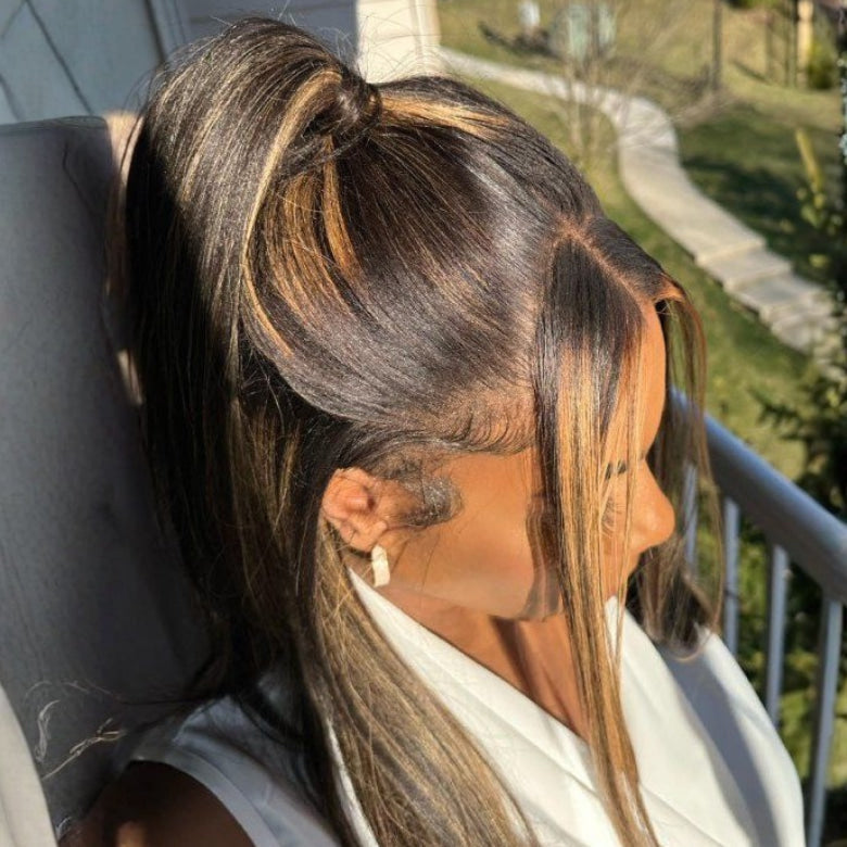 300% Density Balayage Highlights Straight 13x4 Full Lace Front HD Transparent Lace Glueless Wig Bangjazz Hair