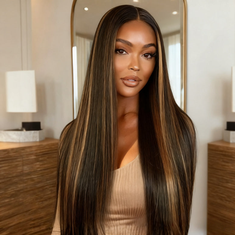 300% Density Balayage Highlights Straight 13x4 Full Lace Front HD Transparent Lace Glueless Wig Bangjazz Hair