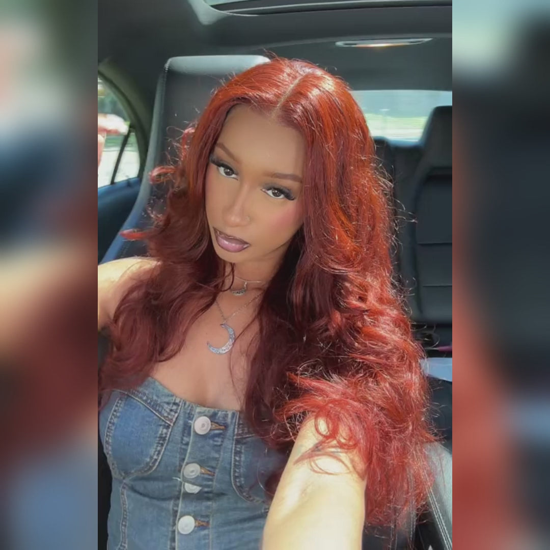 7x5 Lace Pre-styled Reddish Brown Body Wave Glueless Wig HD Transparent Lace Frontal Wig