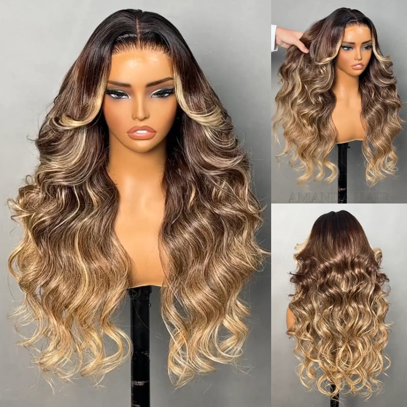 Bangjazz Highlight Honey Blonde Mix Brown Loose Wave Glueless 13x4 HD Transparent Pre Everything Lace Front Human Wigs