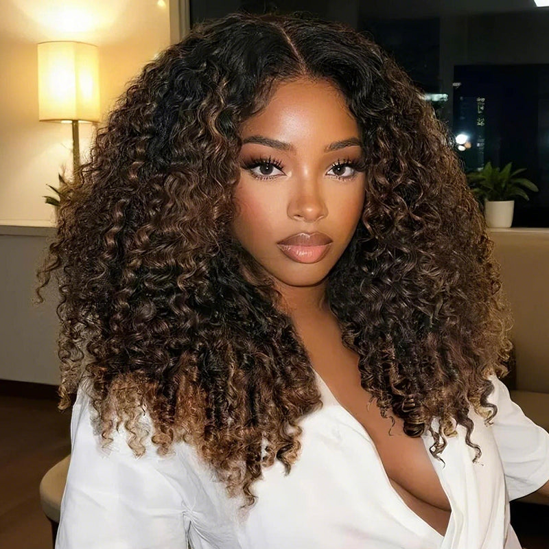 300% Density Brown Highlight Burmese Curly 13x6 Lace Front HD Transparent Lace Glueless Human Hair Wig
