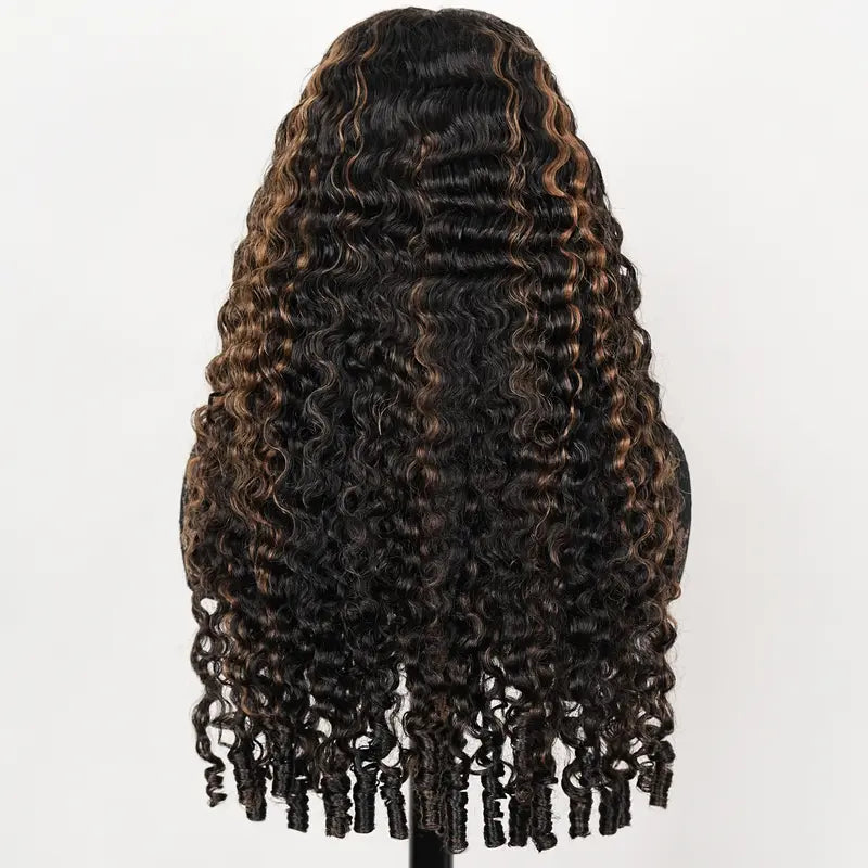 300% Density Brown Highlight Burmese Curly 13x6 Lace Front HD Transparent Lace Glueless Human Hair Wig