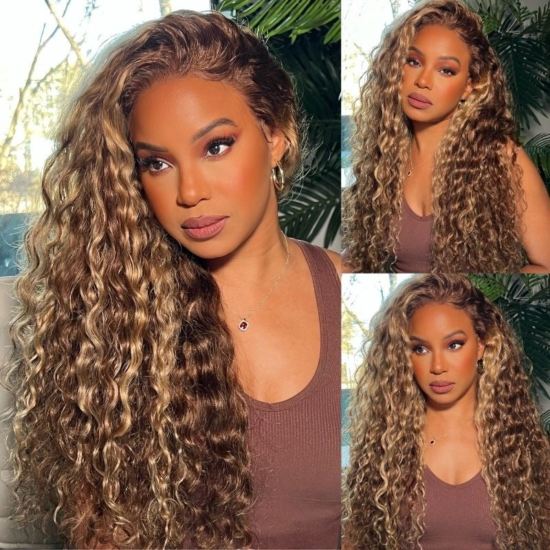 Glueless Honey Blonde Water Wave 13x4 Lace Front Highlighted Color Burmese Curly Put On And Go Human Hair Wig