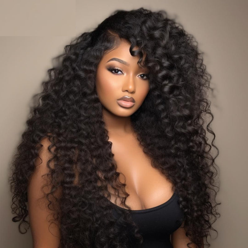Bouncy Deep Wave Glueless Lace Wig Pre Cut Lace with Natural Hairline Clear Transparent Lace Front/Closure Natural Black Human Hair Wig - Bangjazz Hair