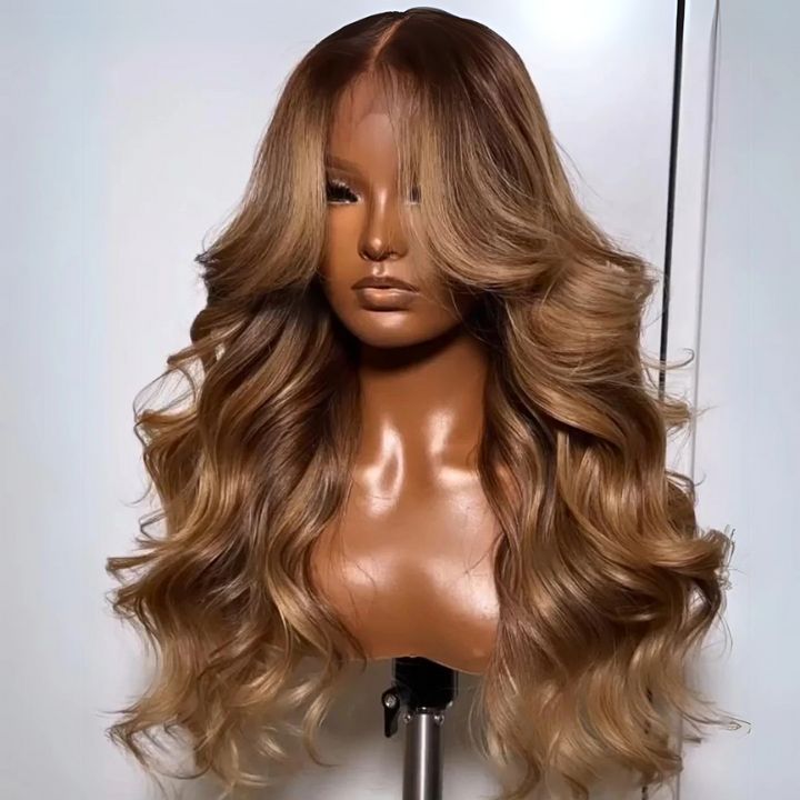 Highlights Brown with Blonde Glueless Loose Wave Natural Curtain Bangs Hair Clear Transparent Lace Front Wigs For Women-Bangjazz Hair