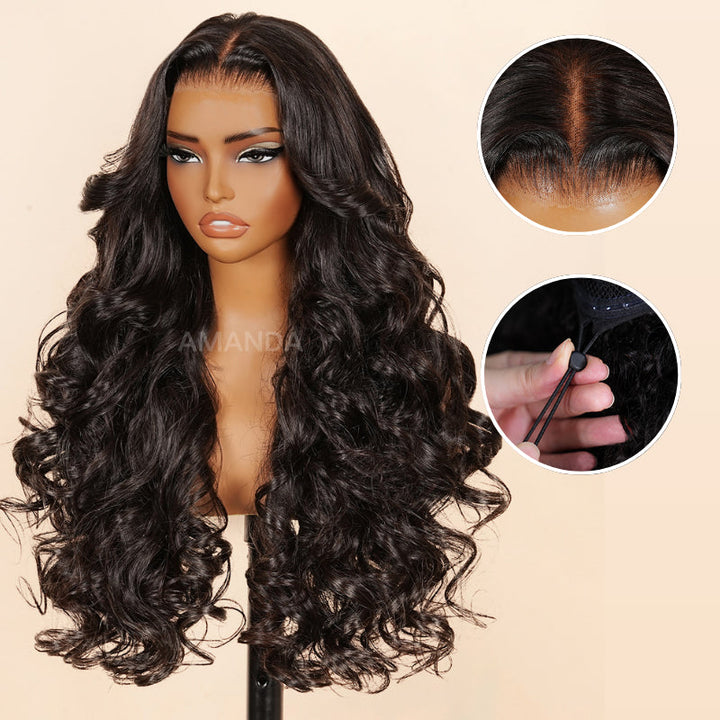 Double Drawn 3D Loose Wave Virgin Human Hair Transparent Full Lace Front Glueless Wig with Curtain Bangs