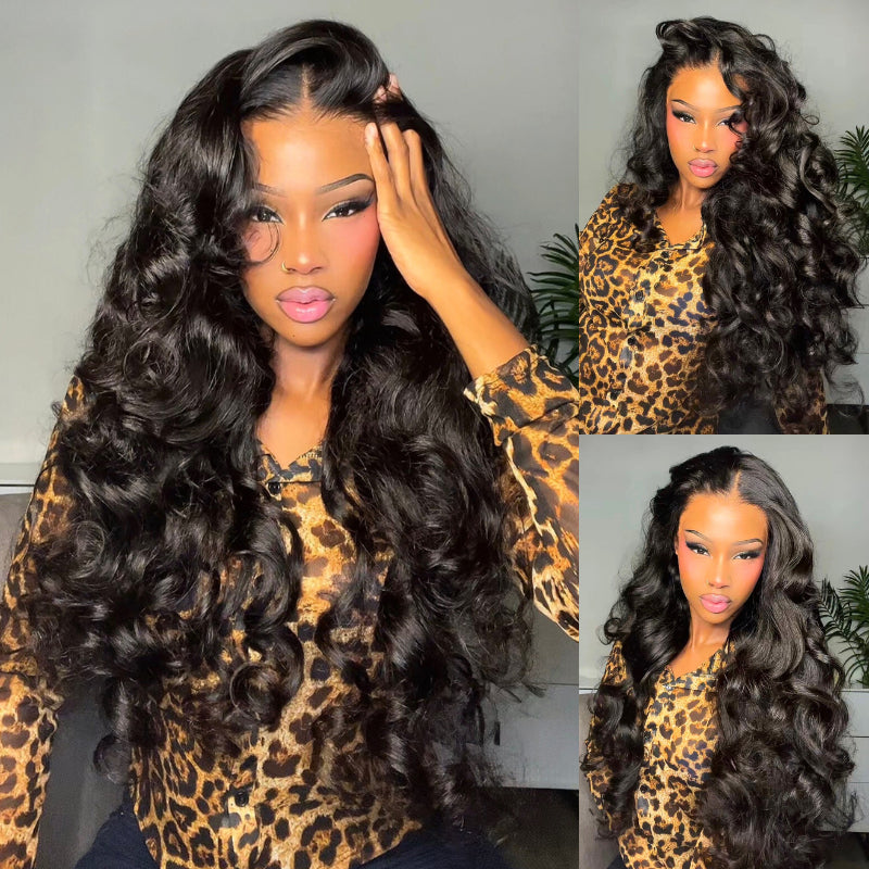 Double Drawn 3D Loose Wave Virgin Human Hair Transparent Full Lace Front Glueless Wig with Curtain Bangs