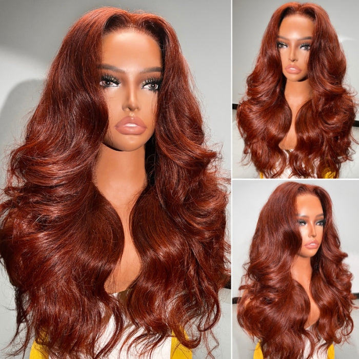 7x5 Lace Pre-styled Reddish Brown Body Wave Glueless Wig HD Transparent Lace Frontal Wig