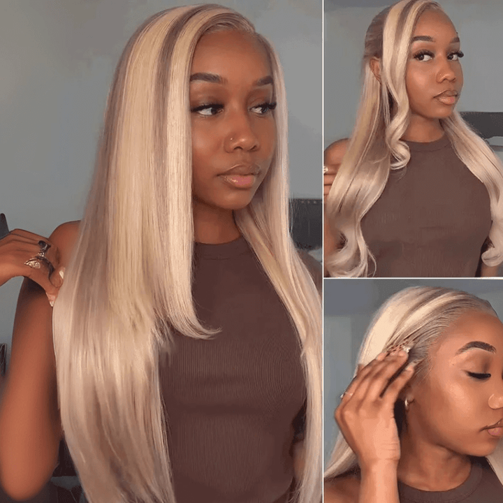 Blonde Highlight Champagne Color 13x4 HD Transparent Lace 613 Body Wave / Straight Human Hair Wigs 180% Density