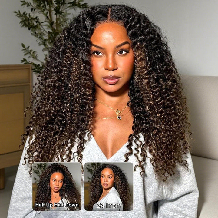 300% Density Brown Highlight Burmese Curly 13x6 Lace Front HD Transparent Lace Glueless Human Hair Wig