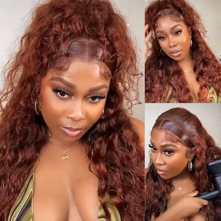 Glueless Water Wave Reddish Brown 7x5 Lace / 13x4 Lace Front Wigs Dark Auburn Colored Human Hair Wig-Bangjazz Hair