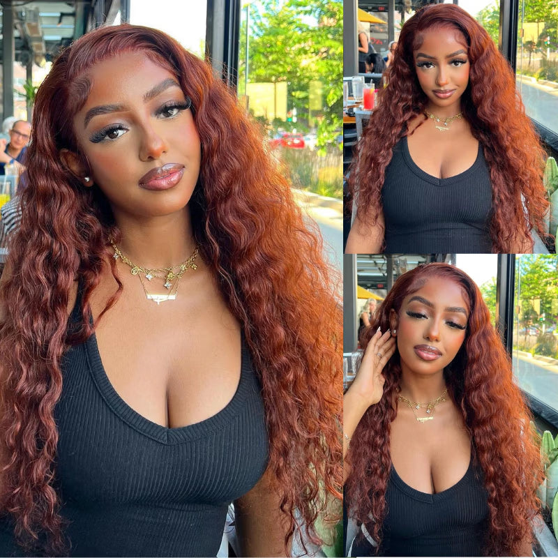 Glueless Water Wave Reddish Brown 7x5 Lace / 13x4 Lace Front Wigs Dark Auburn Colored Human Hair Wig-Bangjazz Hair