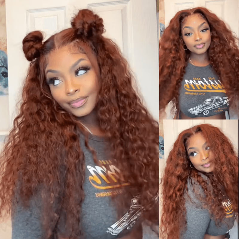 Glueless Water Wave Reddish Brown 7x5 Lace / 13x4 Lace Front Wigs Dark Auburn Colored Human Hair Wig-Bangjazz Hair