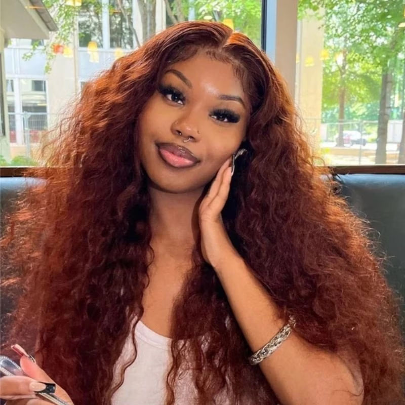 Glueless Water Wave Reddish Brown 7x5 Lace / 13x4 Lace Front Wigs Dark Auburn Colored Human Hair Wig-Bangjazz Hair