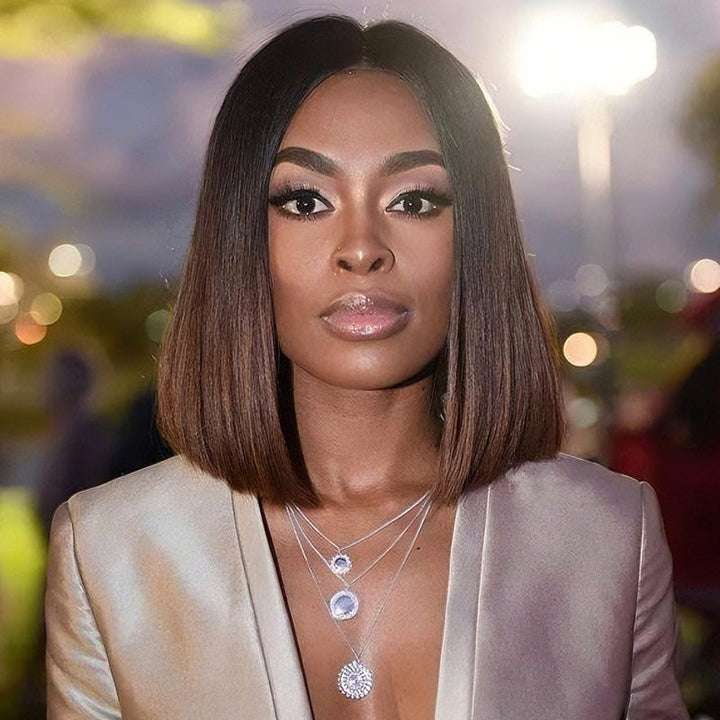 Bangjazz Hair Glueless Ombre Brown Yaki Straight Human Hair Bob Wig