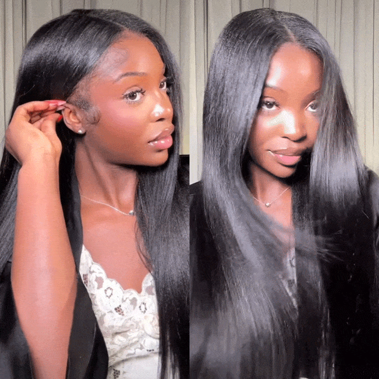 Yaki Straight 7x5 Glueless Lace Natural Black Color Put On and Go Invisi Drawstring Human Hair Wigs- Bangjazz Hair