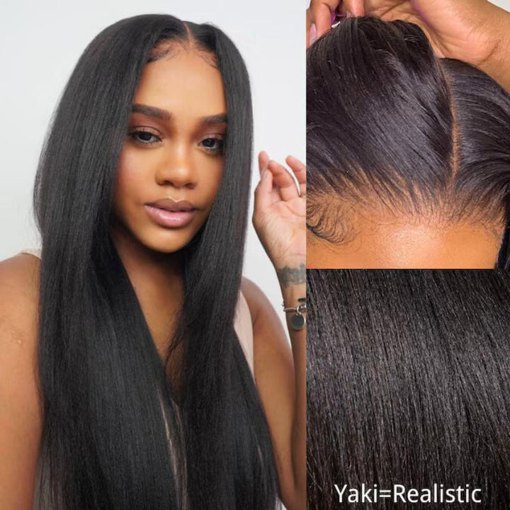 Yaki Straight 7x5 Glueless Lace Natural Black Color Put On and Go Invisi Drawstring Human Hair Wigs- Bangjazz Hair